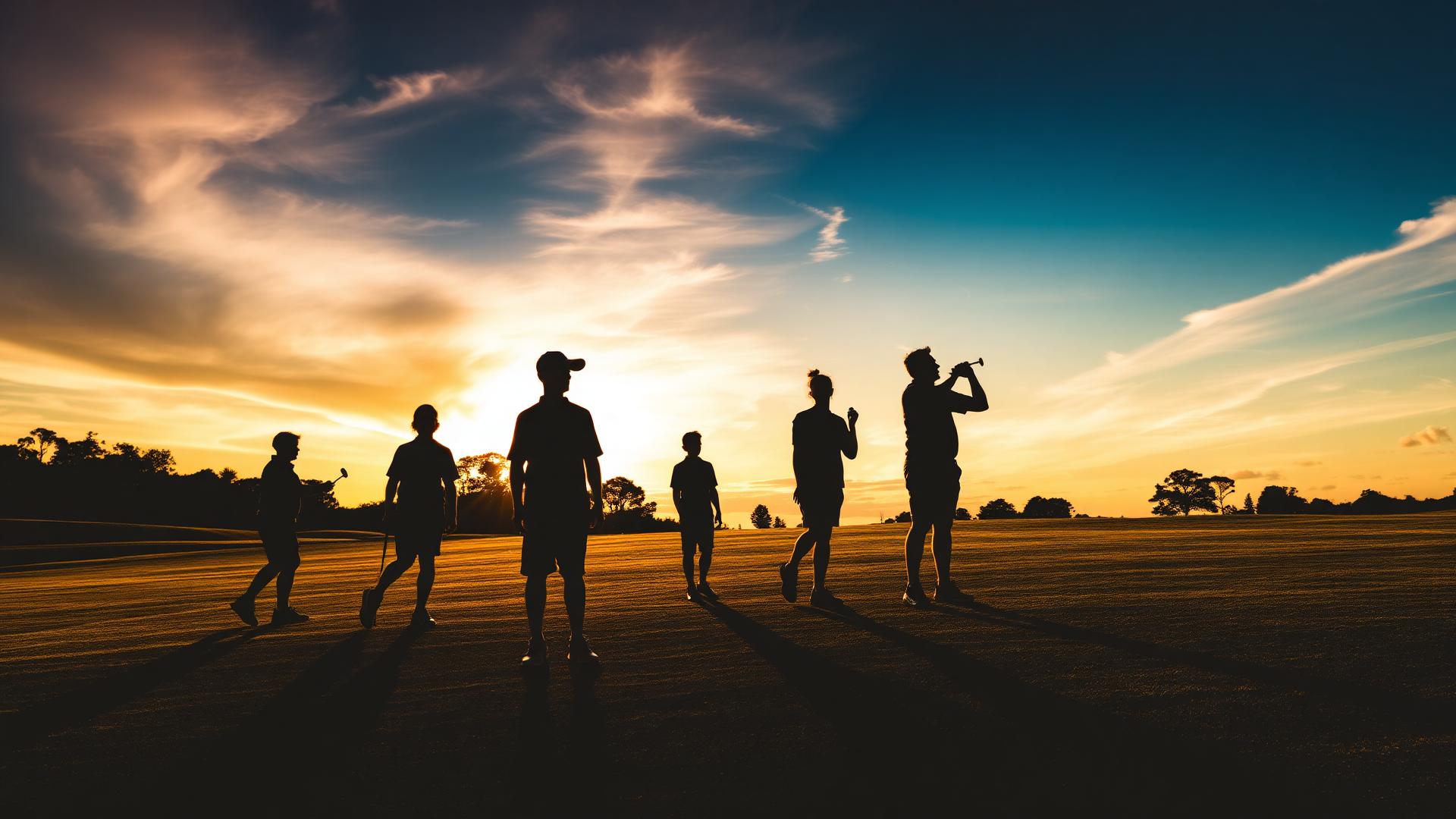 Silhuetas de golfistas ao entardecer